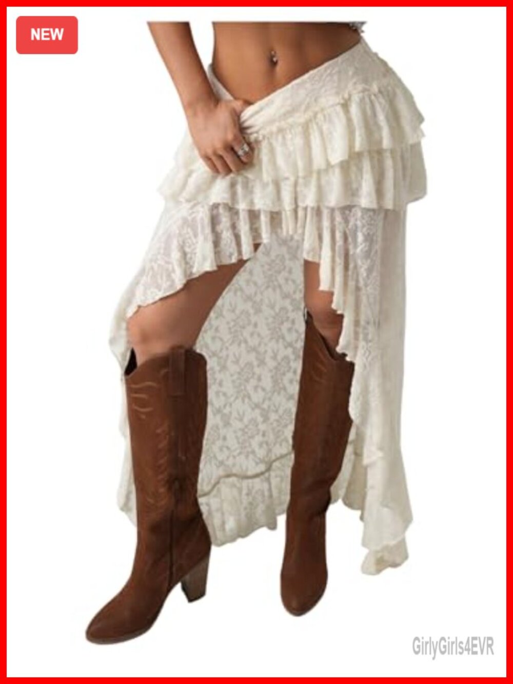 Women's Low Rise Lace High Low Ruffle Boho Long Skirt